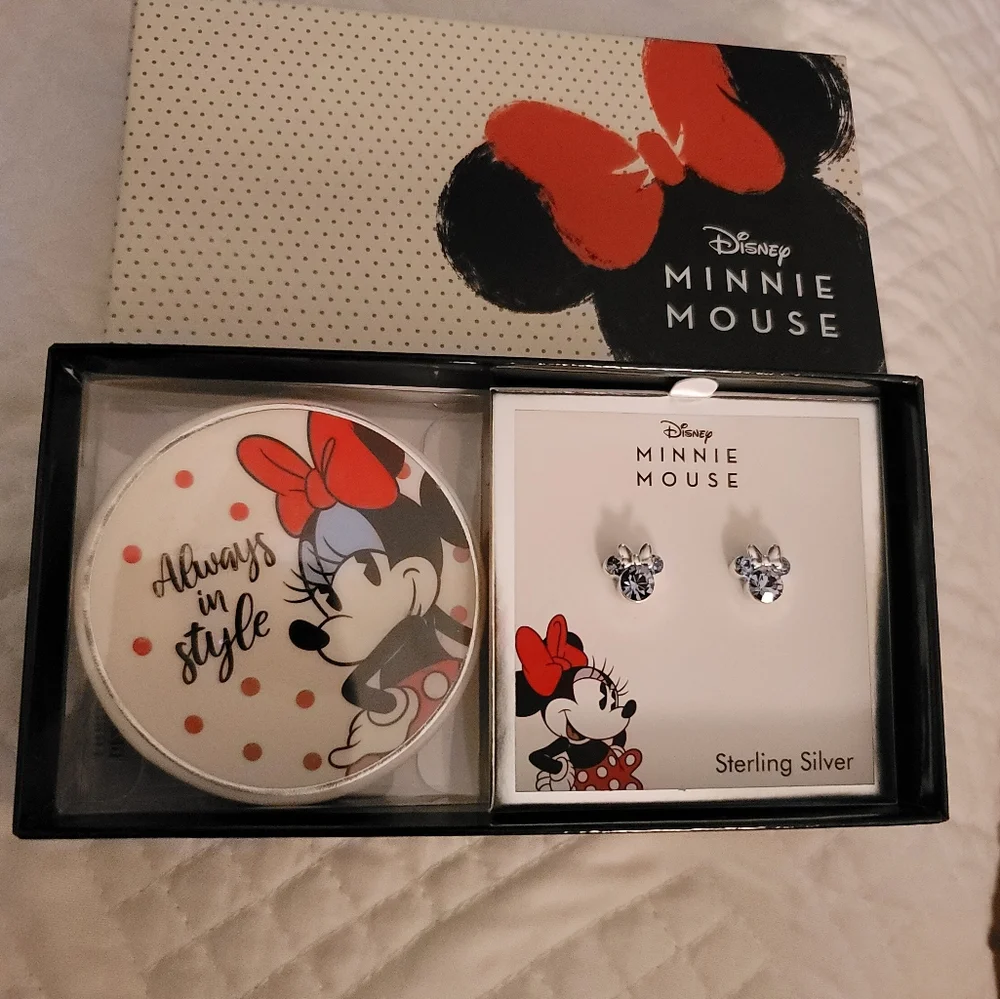 Licensed Disney Minnie Mouse Sterling Silver Earrings with Trinket Tray …
